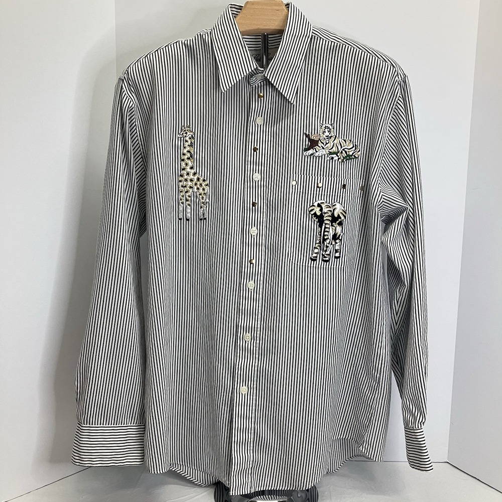Get Lucky Womens White VTG Striped Zoo Animal Applique Long Slv Shirt Size S